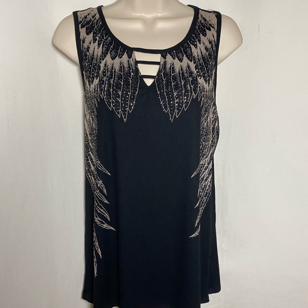 Vocal Sleeveless Black Wing-Print Tank Top 100% Cotton with V-Cut neck detail